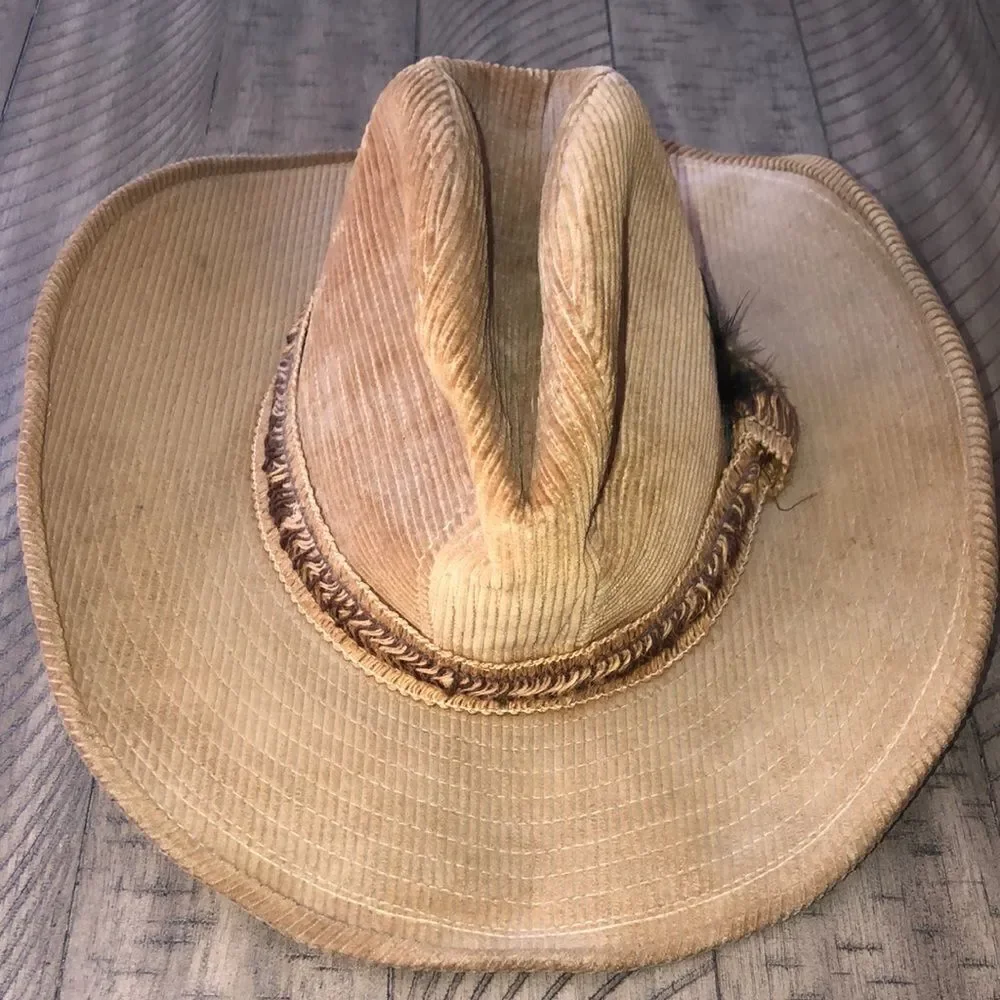 Country Gentleman’s Corduroy Wide Brim Ranch Hat in Tan Feather and braid accent